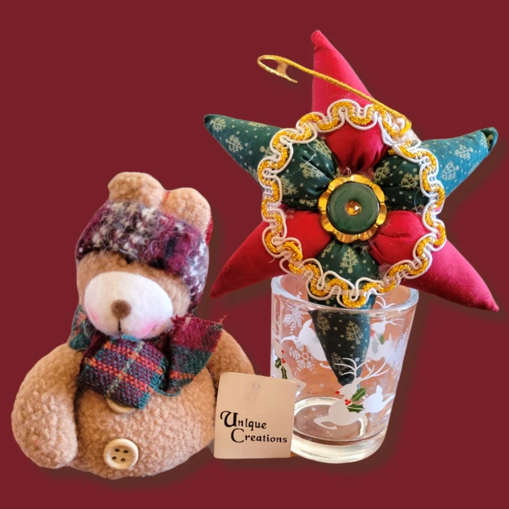 2 Vtg Stuffed Cloth Ornaments 1 Tea Light Candle Holder Star Bear Reindeer Glass